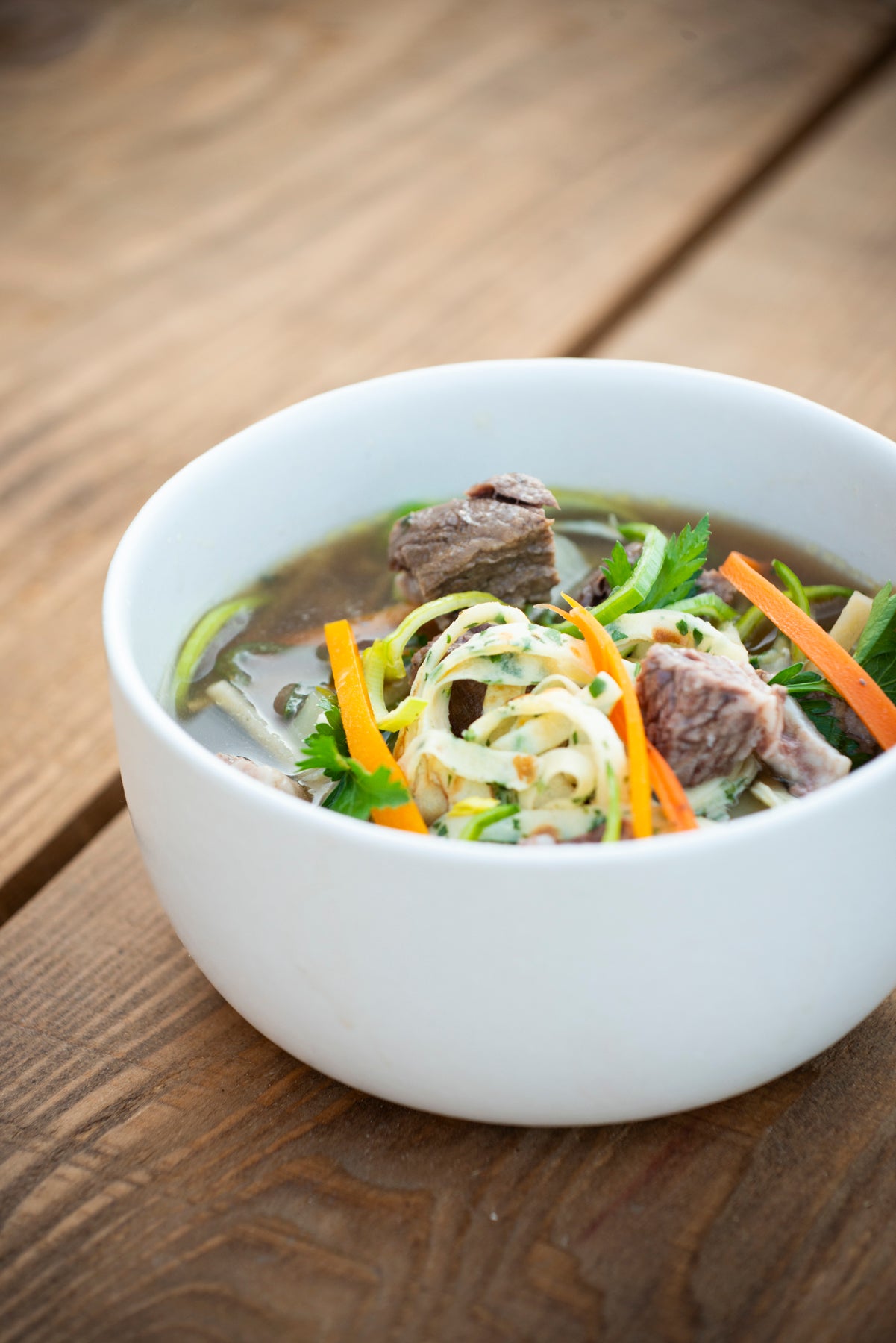 Enright Beef Broth with Vegetables & Crêpe Ribbons